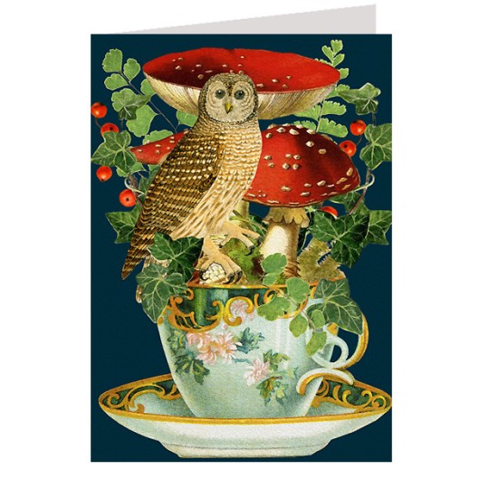 Owl and Red Mushrooms in Teacup Card ~ England